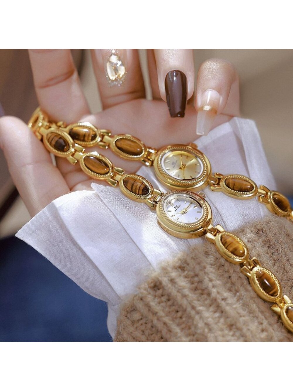 Women's Gold And Brown Analog Quartz Oval Dainty Vintage Bracelet Luxury Watch - Picture 6 of 6